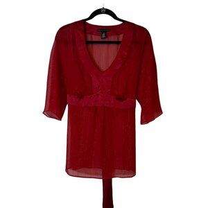 Apostrophe Peplum Blouse Women Large Red Sheer 3/4 Sleeve Flowy Tie Back
